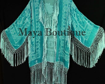 Tiffany Mint Silk Burnout Velvet Fringe Jacket Short Kimono Maya Matazaro