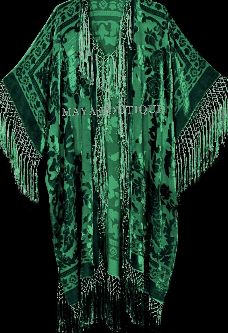 Forest Green Silk Burnout Velvet Fringe Jacket Kimono Duster - Etsy