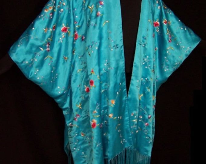 Gorgeous Turquoise Embroidered Silk Kimono Caftan Duster Opera Coat XL UP TO 5x