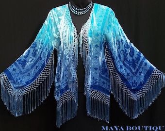 Silk Burnout Velvet Fringe Jacket Duster Hand Dyed by Maya Turquoise Blue