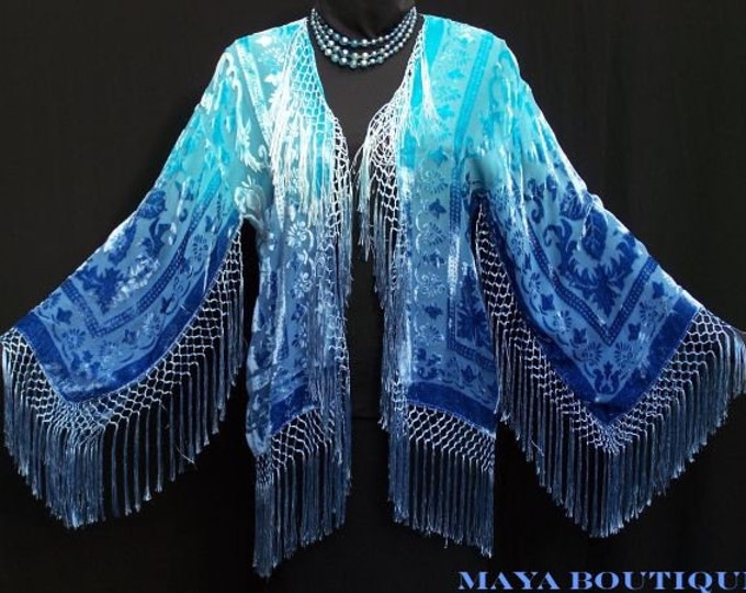 Silk Burnout Velvet Fringe Jacket Duster Hand Dyed by Maya Turquoise Blue