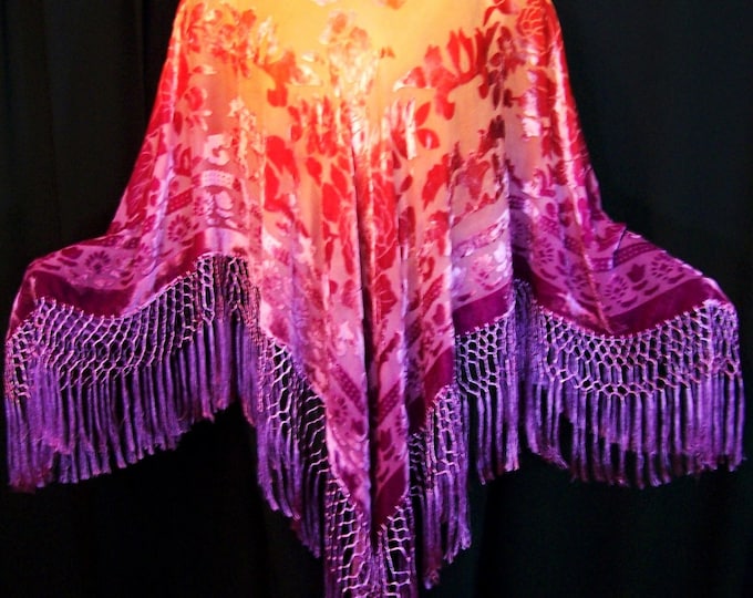 Silk burnout velvet Poncho Shawl Top Magenta and Coral Hand Dyed by Maya