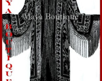Black Silk Burnout Velvet Fringes Jacket Kimono Long Coat Maya Matazaro
