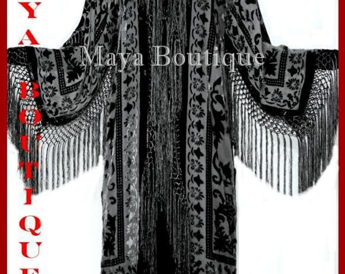 Black Silk Burnout Velvet Fringes Jacket Kimono Long Coat Maya Matazaro
