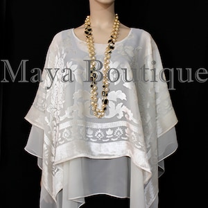 Maya Matazaro Lagen Poncho Top Burnout Velvet & Chiffon Ivory Made in USA