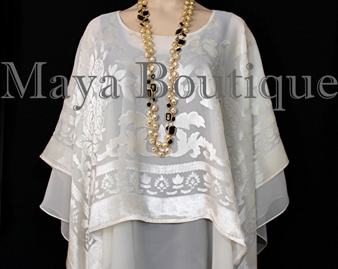 Maya Matazaro Layered Poncho Top Burnout Velvet & Chiffon Ivory Made In USA