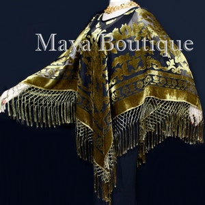 Seide Burnout Samt Poncho Schal Top mit Fransen Antik Gold Schwarz Maya Matazaro