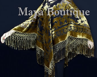 Silk Burnout Velvet Poncho Shawl top With Fringe Antique Gold Black Maya Matazaro