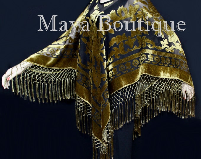 Silk Burnout Velvet Poncho Shawl top With Fringe Antique Gold Black Maya Matazaro