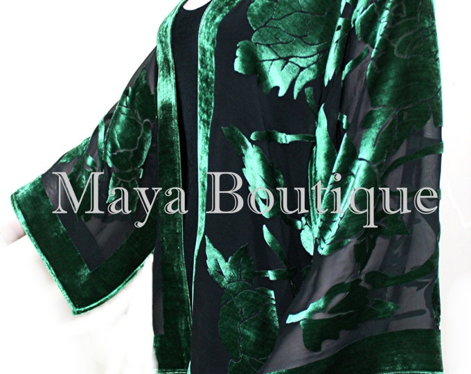 Emerald & Black Silk Burnout Velvet Jacket Short Kimono Style No Fringe Maya Matazaro