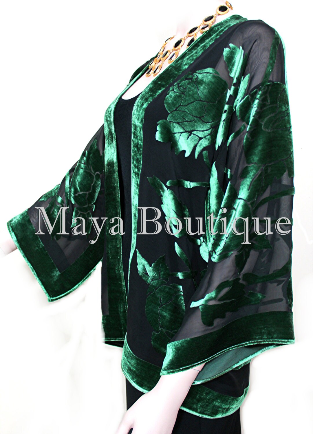 Emerald & Black Silk Burnout Velvet Jacket Short Kimono Style No Fringe  Maya Matazaro - Etsy