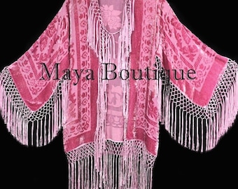 Strawberry Ice Silk Burnout Velvet Fringe Jacket Short Kimono Maya Matazaro