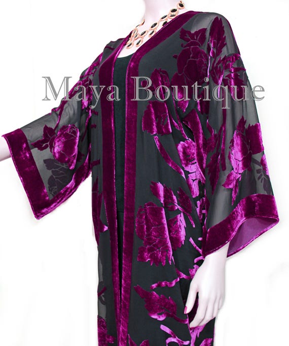 Dark Purple Fringe Jacket Silk Burnout Velvet Kimono Short Flapper Maya Boutique