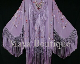 Embroidered Silk Fringe Jacket Kimono Short Lilac Multi Birds &  Flower By Maya