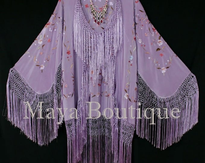 Embroidered Silk Fringe Jacket Kimono Short Lilac Multi Birds &  Flower By Maya