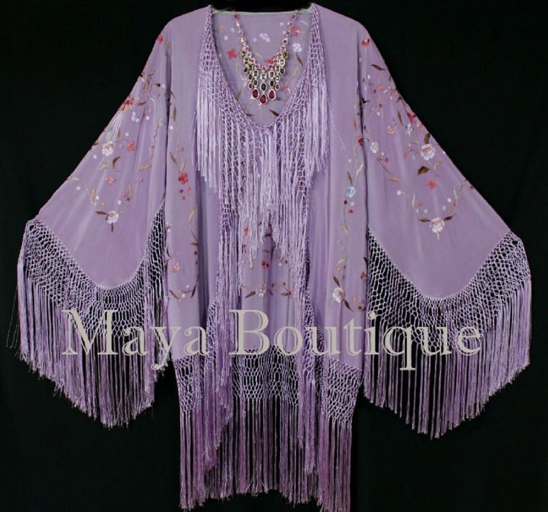 Embroidered Silk Fringe Jacket Kimono Short Lilac Multi Birds Etsy