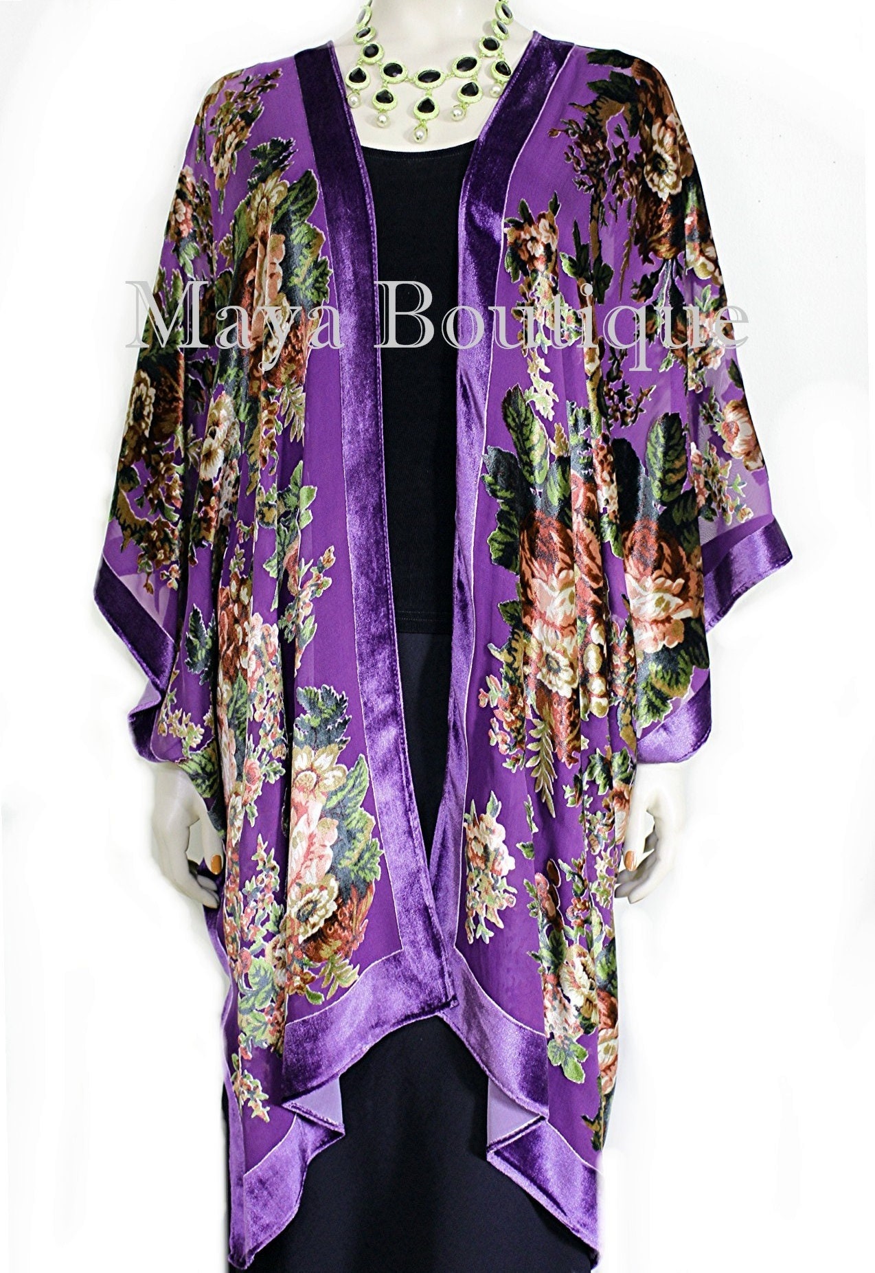 Caftan Kimono Jacket Silk Burnout Velvet Purple Multi Gypsy Rose Maya ...