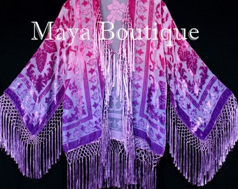 Wearable Art Hand Dyed Velvet Kimono Fringe Jacket Grape Wine Ombre Maya Matazaro