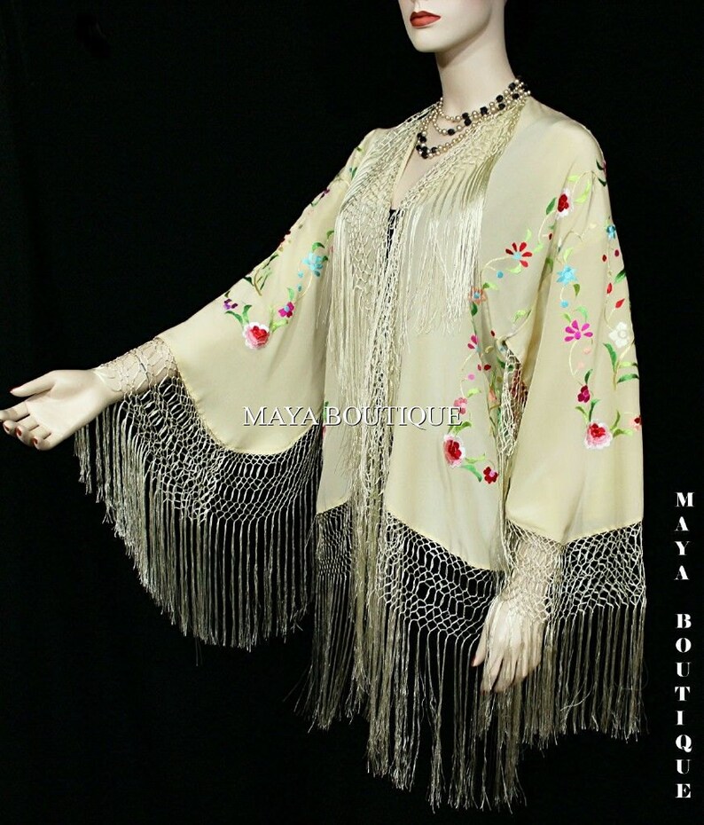 The Madame Butterfly Embroidered Silk Fringe 20s Evening Wrap - French Lime