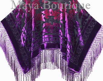 Purple Fuchsia Burnout Velvet Poncho Shawl Top Ombree Hand Dye Maya Matazaro