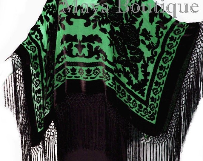 Maya Matazaro Green & Black Silk Burnout Velvet Poncho Shawl Top With Fringes