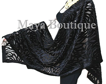 Maya Matazaro Black Camellia Shawl Wrap Scarf Burnout Velvet Elegant!