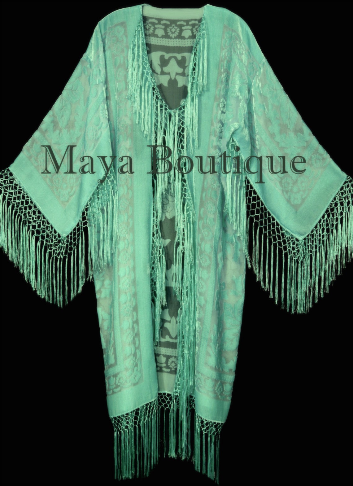Mint Silk Burnout Velvet Fringes Jacket Kimono Long Coat Maya - Etsy
