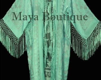 Mint Silk Burnout Velvet Fringes Jacket Kimono Long Coat Maya Matazaro