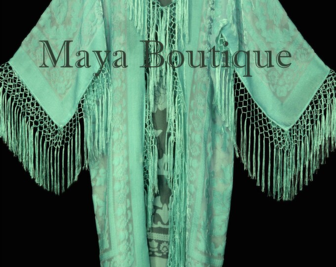 Mint Silk Burnout Velvet Fringes Jacket Kimono Long Coat Maya Matazaro