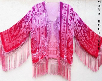 Burnout Velvet Fringe Jacket Hand Dyed Coral & Orchid by Maya Matazaro