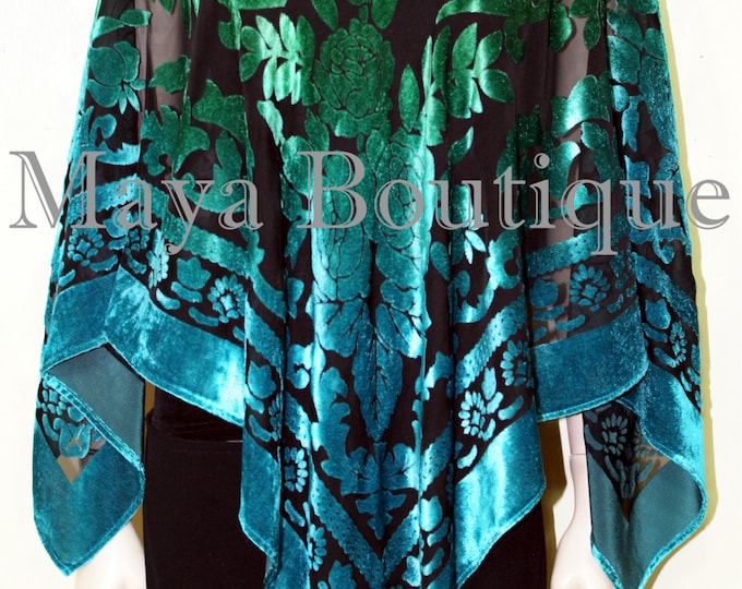 Art To Wear Poncho Top Burnout Velvet Hand Dyed Green Turquoise Ombre Maya Matazaro