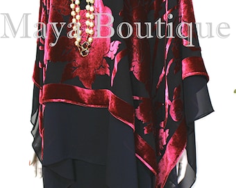 Maya Matazaro Tiered Poncho Top Silk Burnout Velvet & Chiffon Red Black