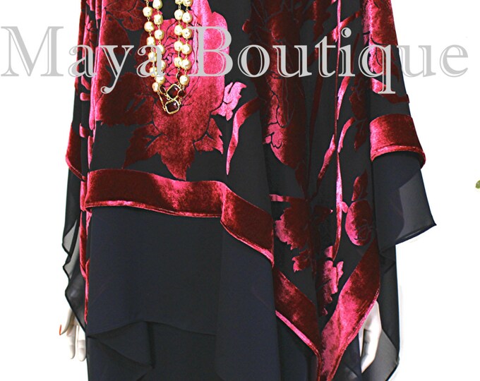 Maya Matazaro Tiered Poncho Top Silk Burnout Velvet & Chiffon Red Black