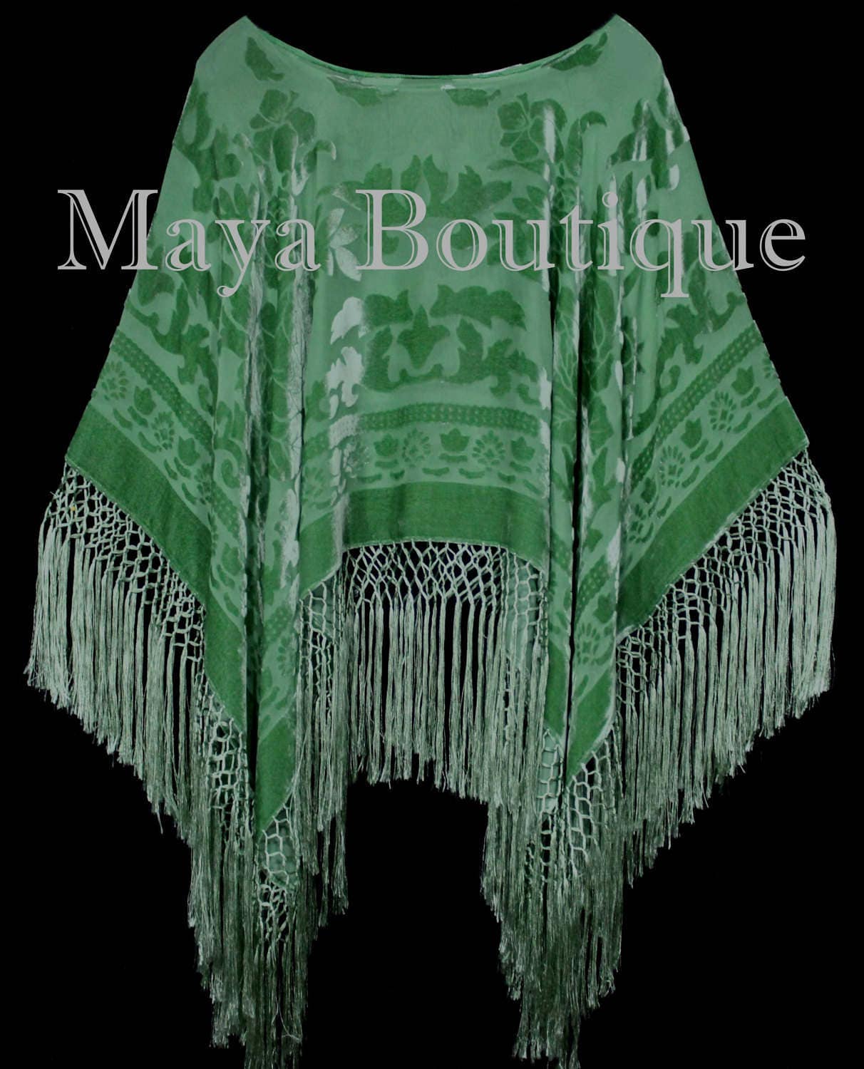 Green Silk Burnout Velvet Poncho Fringe Top Shawl Hand Dyed - Etsy