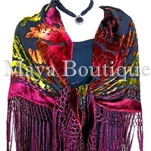 Silk Burnout Velvet Piano Shawl Wrap Scarf Tye Dye Burgundy Gold Multi