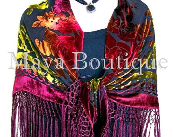 Silk Burnout Velvet Piano Shawl Wrap Scarf Tye Dye Burgundy Gold Multi