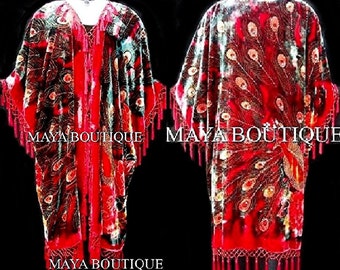 Red Maya Kimono Opera Coat Duster Beaded Silk Velvet Peacock PLUS - Made in USA