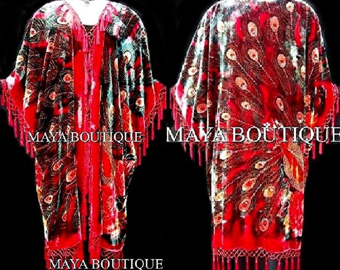Red Maya Kimono Opera Coat Duster Beaded Silk Velvet Peacock PLUS - Made in USA