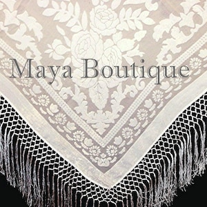 Ivory Silk Burnout Velvet Piano Shawl Fringe Wrap Scarf Maya Matazaro