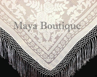 Ivory Silk Burnout Velvet Piano Shawl Fringe Wrap Scarf Maya Matazaro