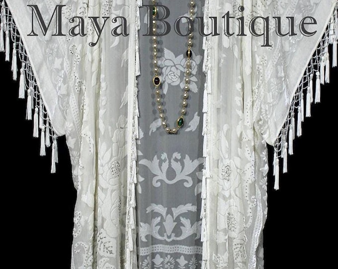 Ivory Beaded Silk Burnout Velvet Kimono Opera Coat Fringe Jacket Maya Matazaro Made in USA