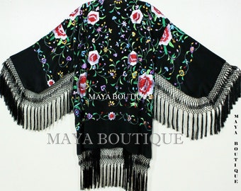 Embroidered Silk Fringe Jacket Flamenco Kimono BLACK MULTI Short Maya Matazaro