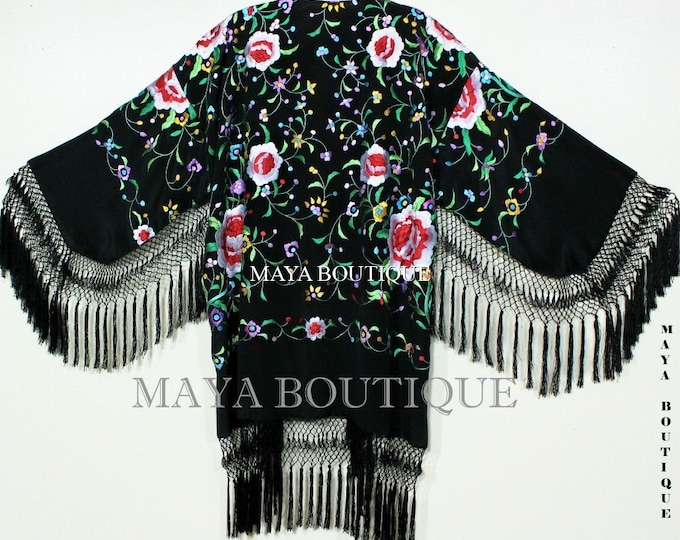 Embroidered Silk Fringe Jacket Flamenco Kimono BLACK MULTI Short Maya Matazaro