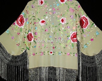 Embroidered Silk Fringe Jacket Flamenco Kimono VANILLA MULTI Short Maya Matazaro
