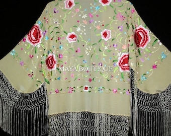 Embroidered Silk Fringe Jacket Flamenco Kimono VANILLA MULTI Short Maya Matazaro