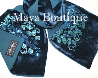 Great Gift! Teal Blue Scarf Sequin Silk Velvet & Georgette Double Sided Maya Matazaro