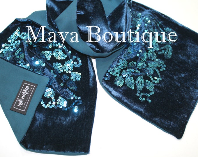 Great Gift! Teal Blue Scarf Sequin Silk Velvet & Georgette Double Sided Maya Matazaro