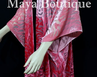 Maya Matazaro Coral Ombre Camellia Burnout Velvet Caftan Kimono Jacket Hand Dyed USA Made