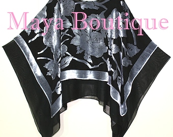 Maya Matazaro Layered Poncho Top Silk Burnout Velvet & Chiffon Silver Black