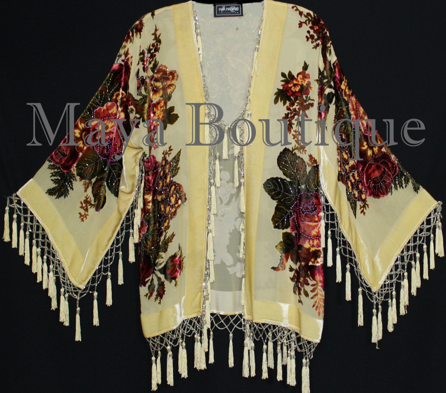Emerald Green Silk Burnout Velvet Fringe Jacket Short Kimono Maya Matazaro Emerald Green Silk Burnout Velvet Fringe Jacket Short Kimono Maya Matazaro